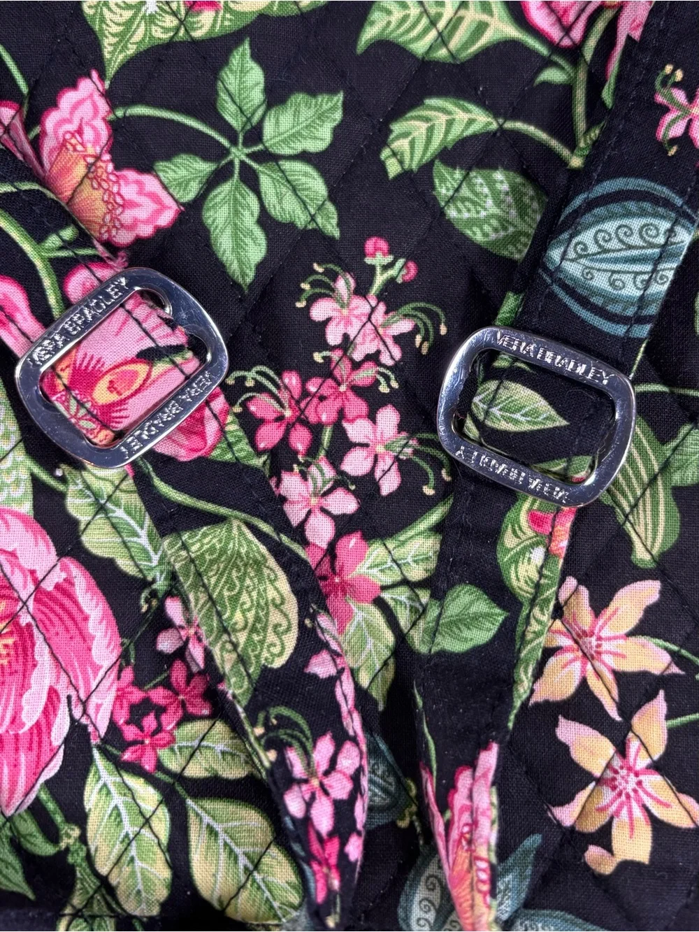 Vera Bradley Black Floral Quilted Backpack with Pink and Green Accents